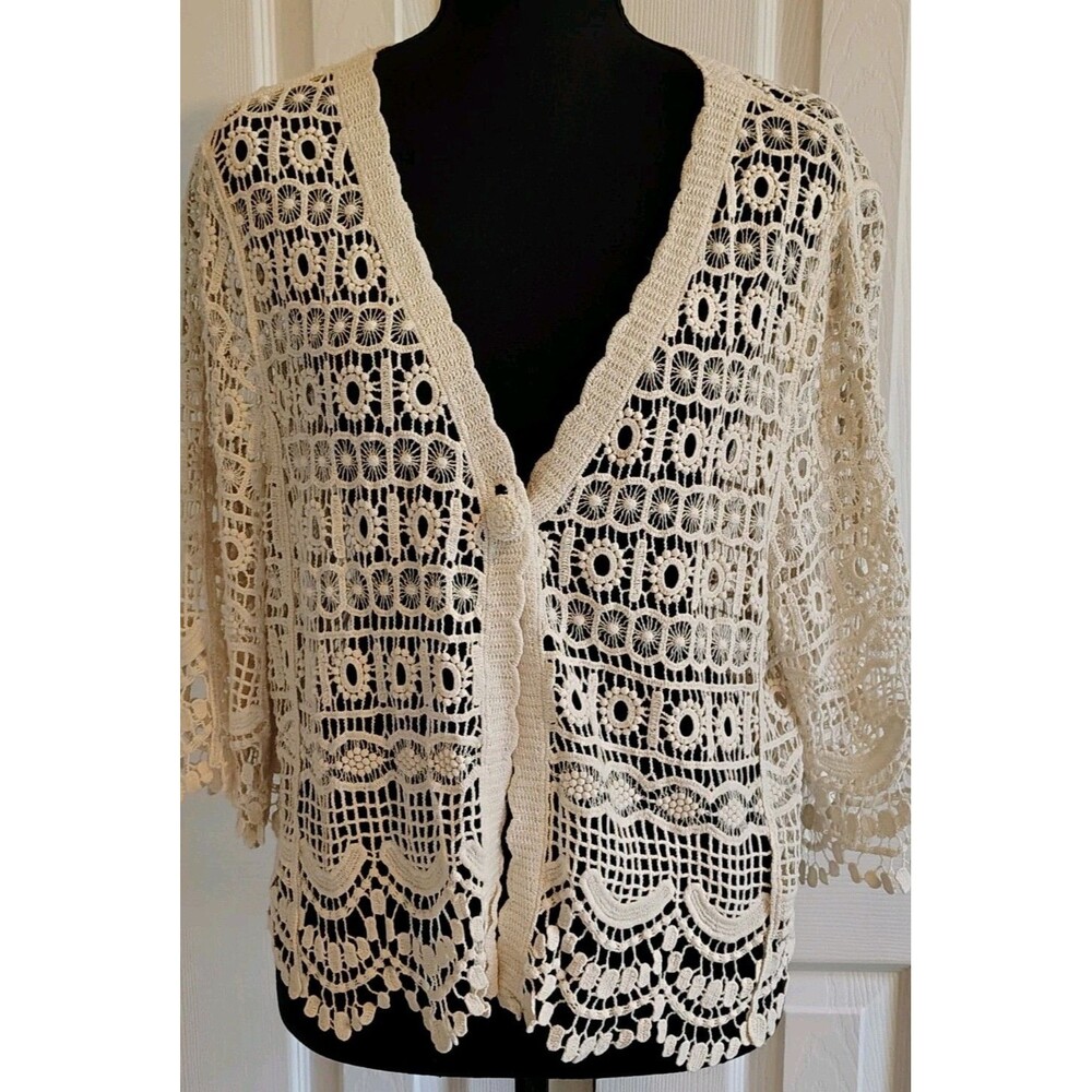 Liverpool Los Angeles Lace Openwork Cardigan Antique Ivory S/M 100% Cotton